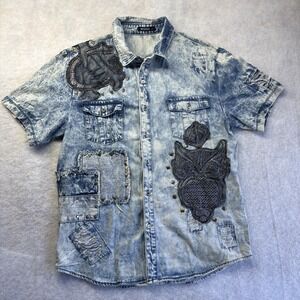 Imperious Denim Distressed Men's Button-up Shirt Biker Theme Size XL